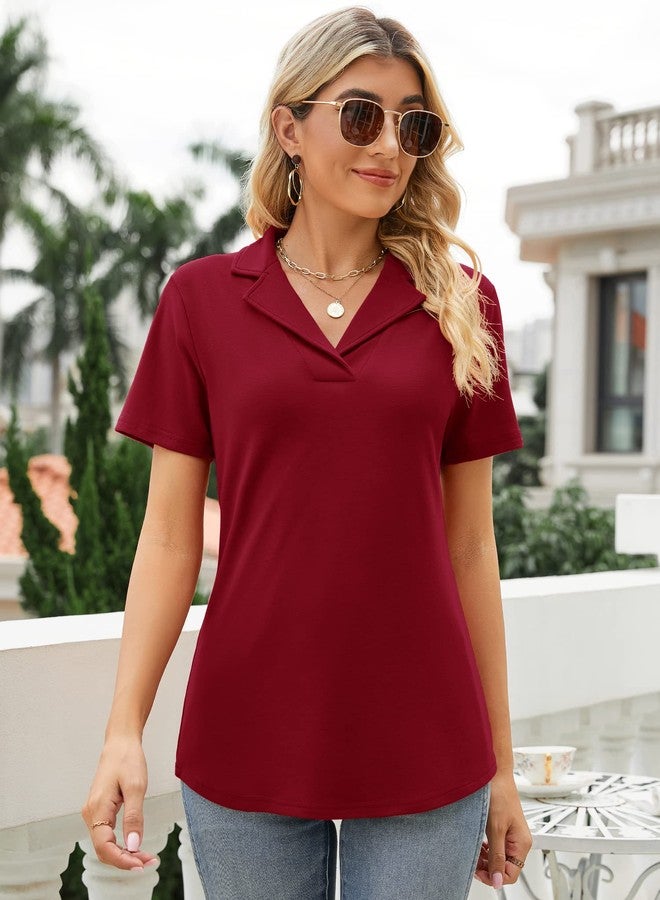Rapbin Polo Shirts for Women Collared Work Shirts for Women Short Sleeve Collared Shirt Wine Red M - Image 2